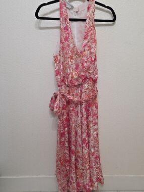 Kay Unger Floral Pink Halter Maxi Dress with Waist Tie